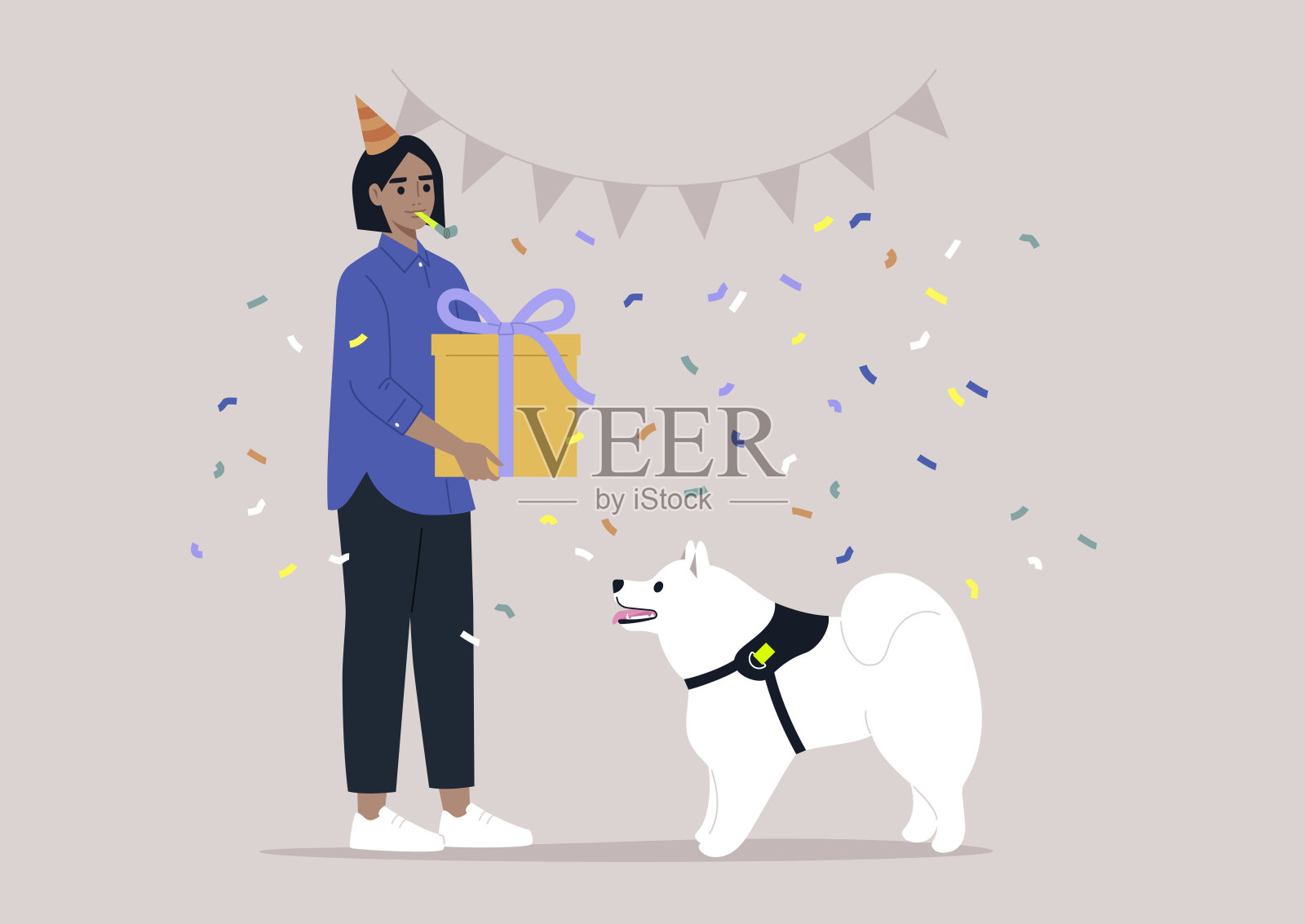 一个狗主人在庆祝他的小狗生日，一个大礼品盒，一顶派对帽子，节日装饰品插画图片素材
