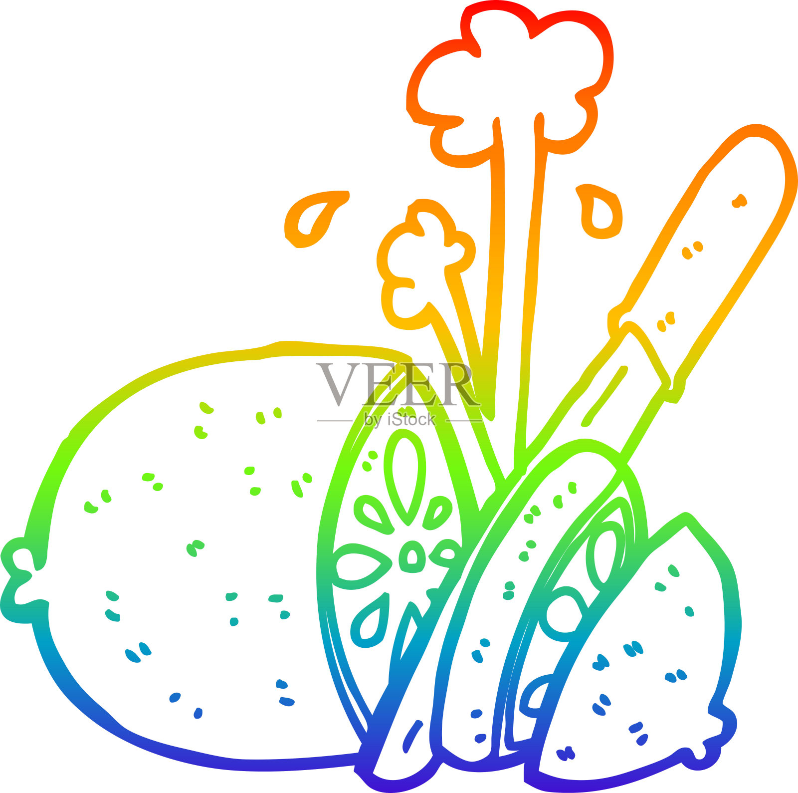 彩虹渐变线条绘制的卡通切片柠檬设计元素图片