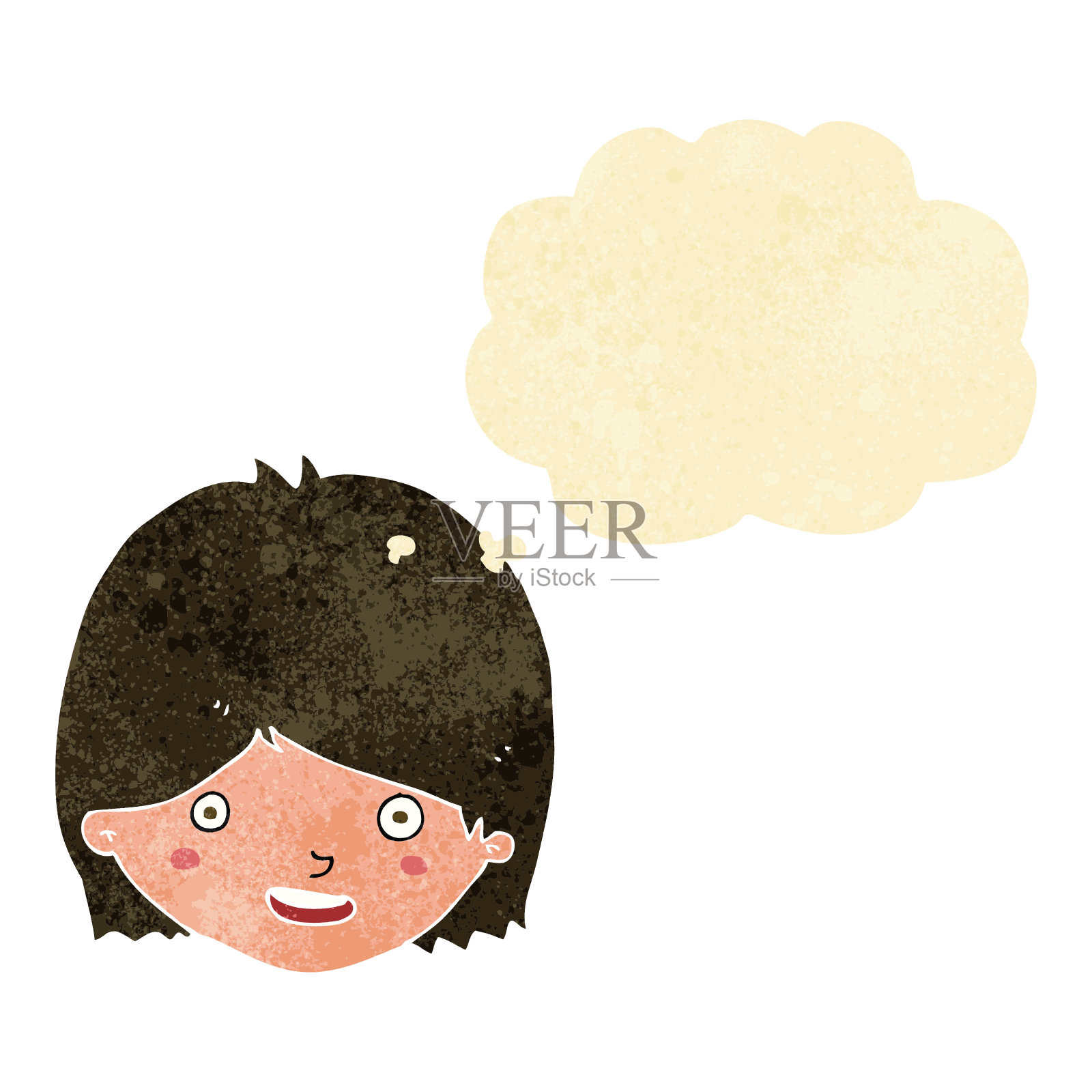 卡通快乐的女性面孔与思想泡泡插画图片素材