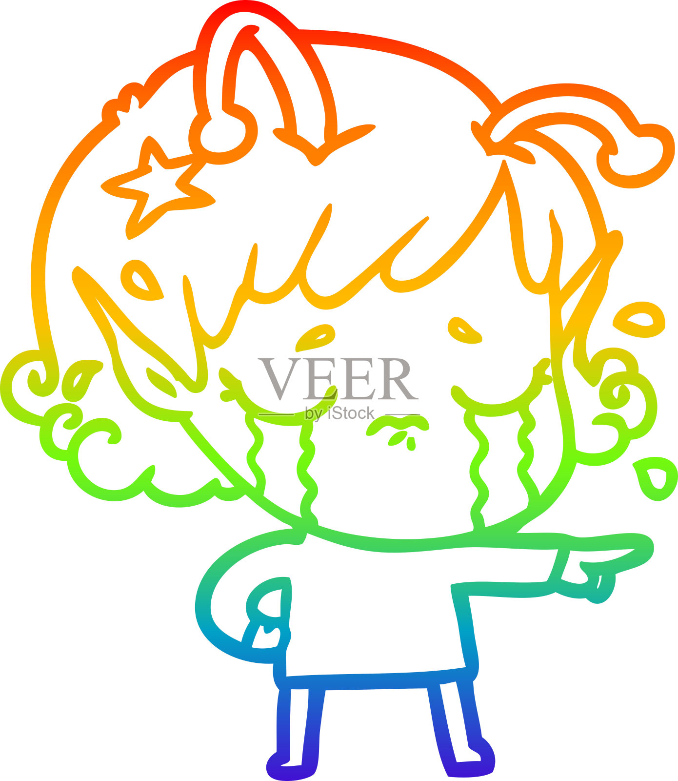 彩虹渐变线画一个卡通哭泣的外星女孩设计元素图片