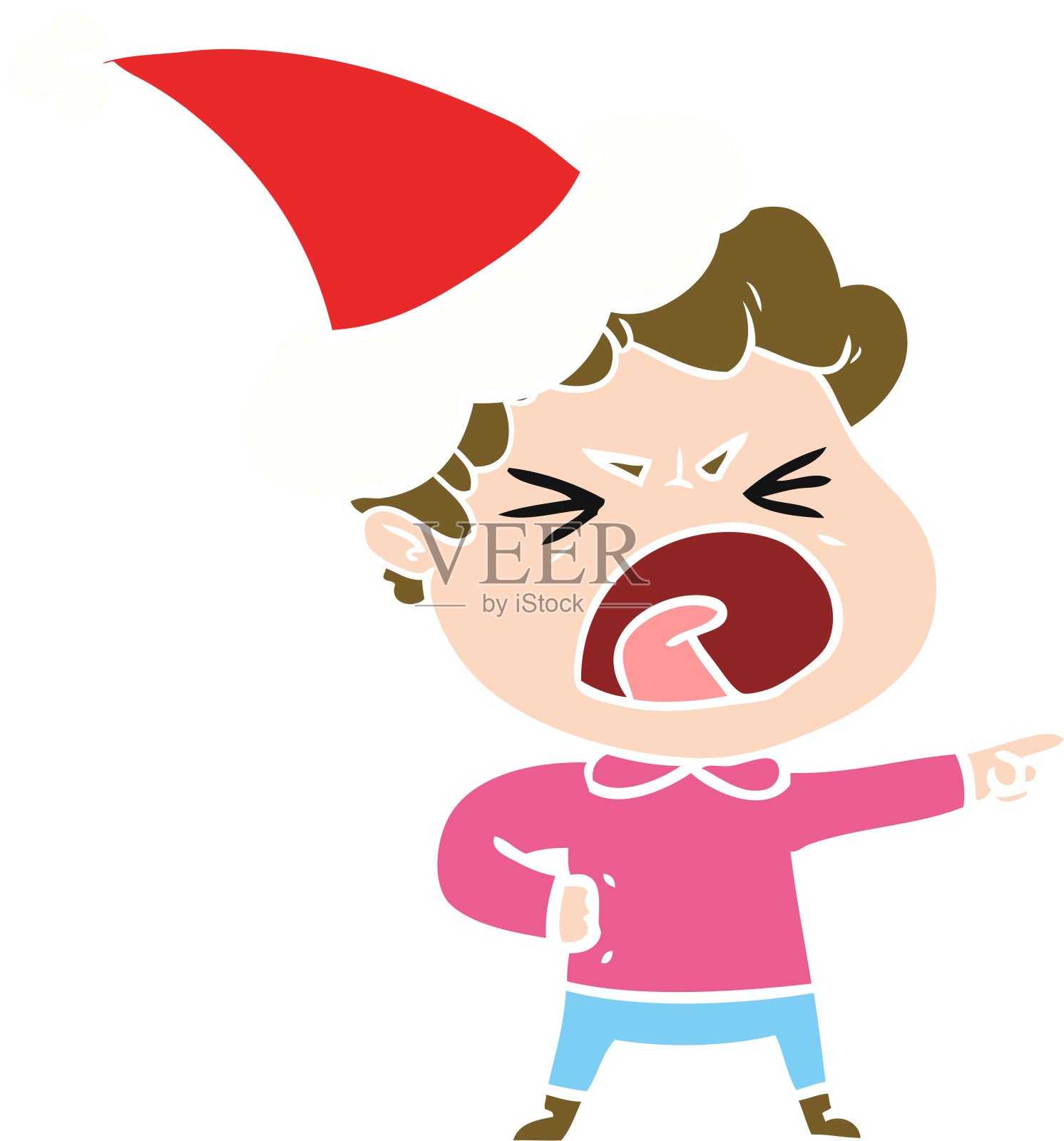 手绘平面彩色插图一个愤怒的人戴着圣诞老人的帽子设计元素图片