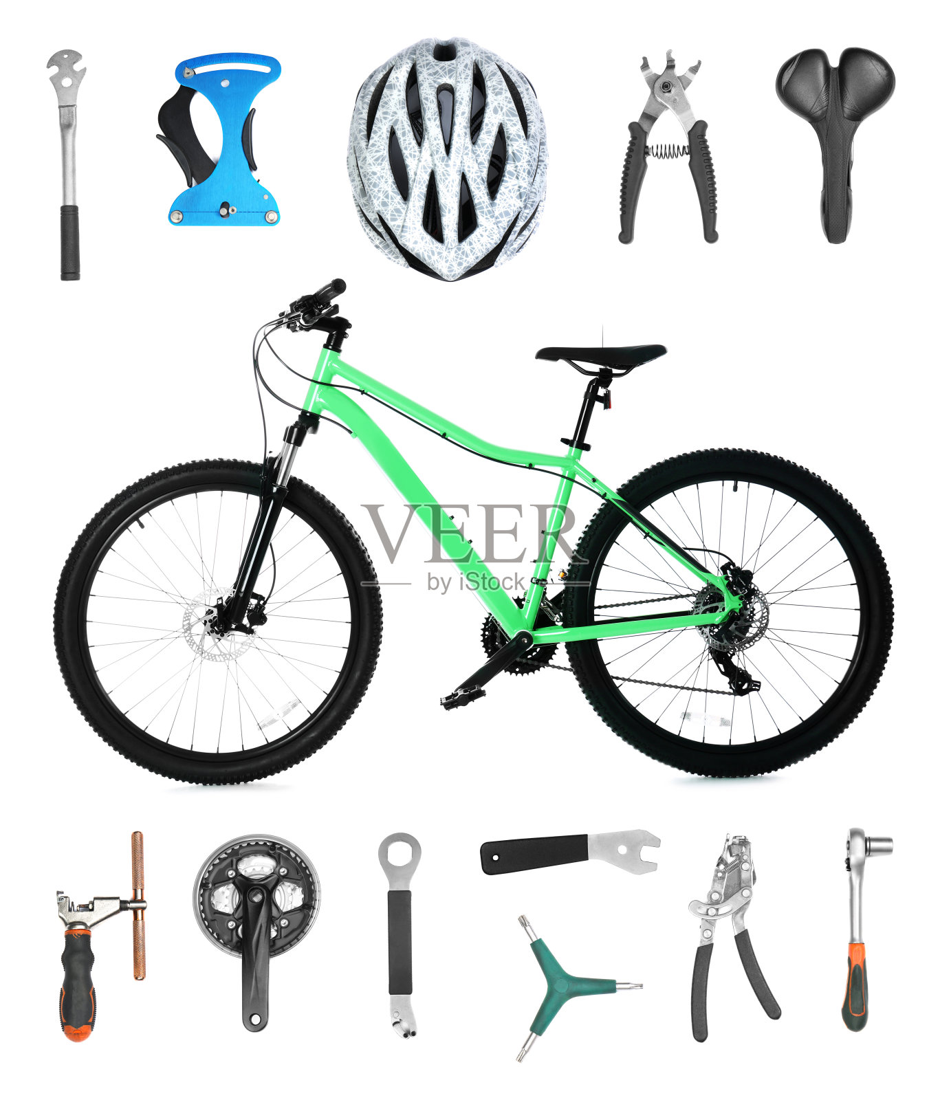 现代自行车，它的细节和工具修理白色背景，拼贴照片摄影图片