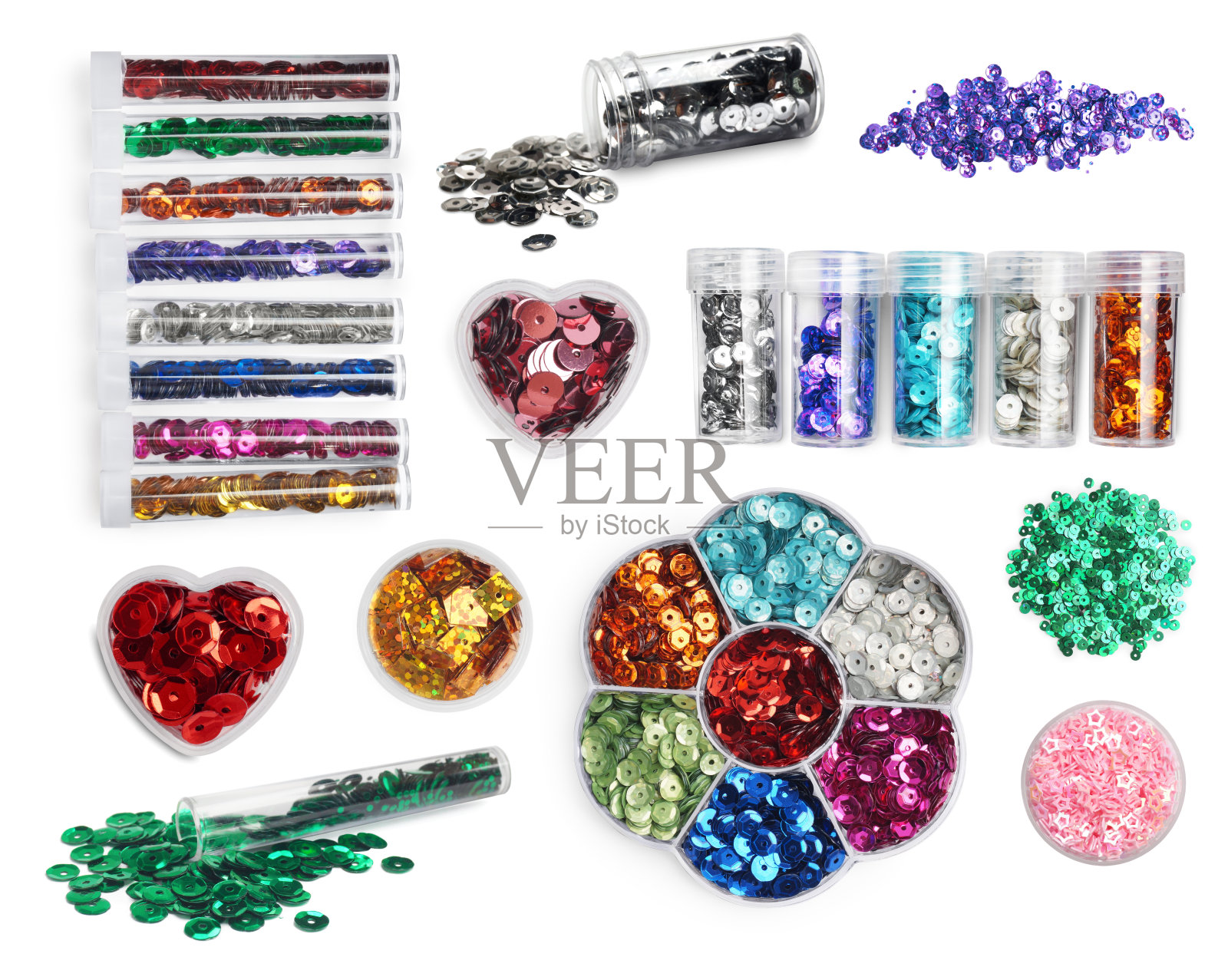 白色背景上不同闪亮的亮片拼贴画照片摄影图片