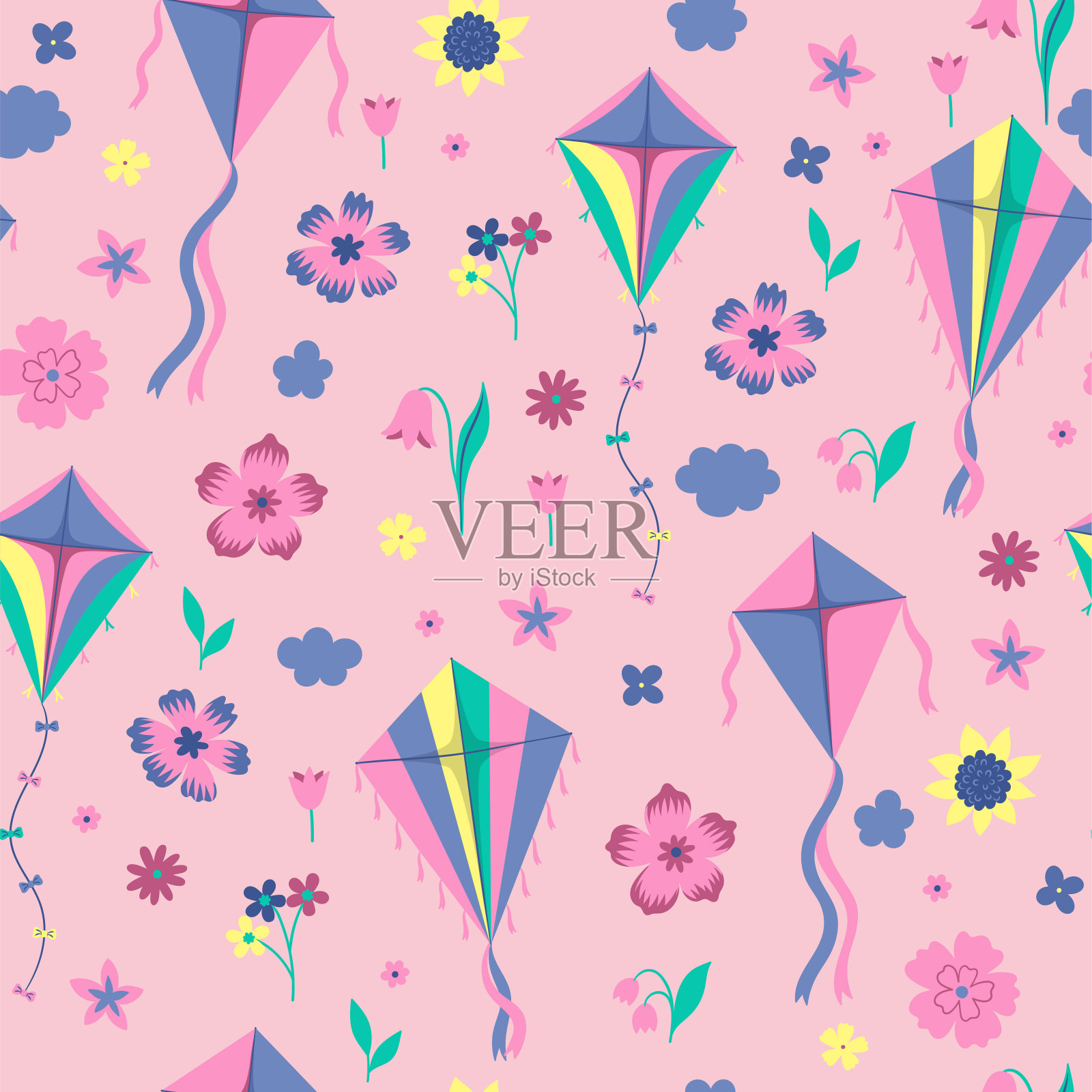 无缝模式与风筝和鲜花。矢量图形。插画图片素材