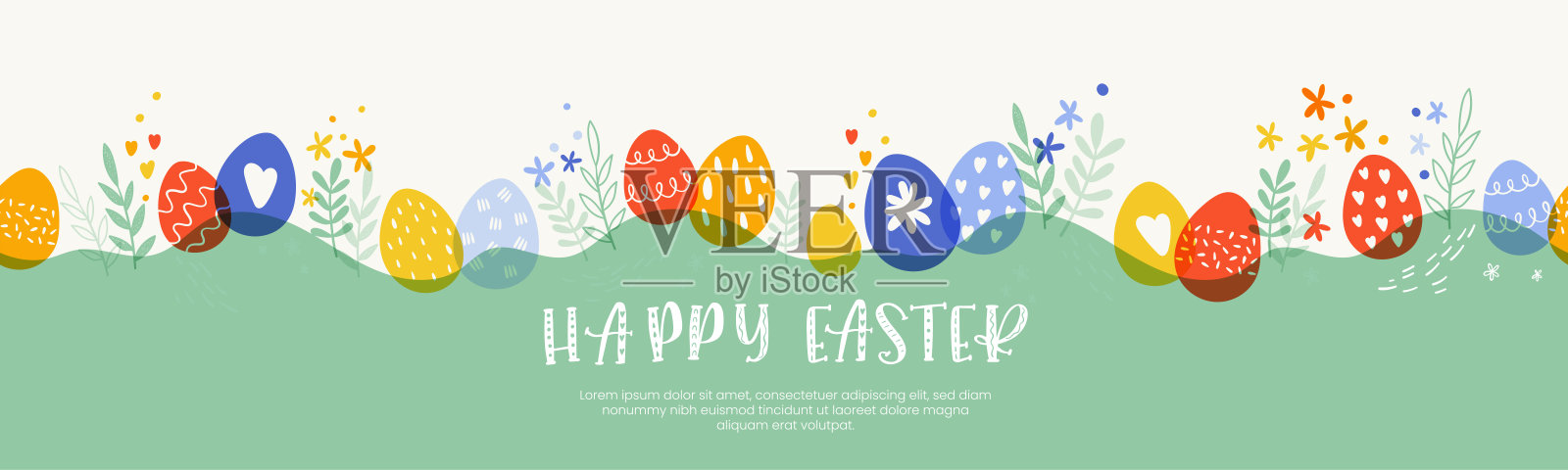 可爱的手绘复活节水平无缝模式与兔子，花，复活节彩蛋，美丽的背景，伟大的复活节卡片，横幅，纺织品，壁纸-矢量设计设计模板素材