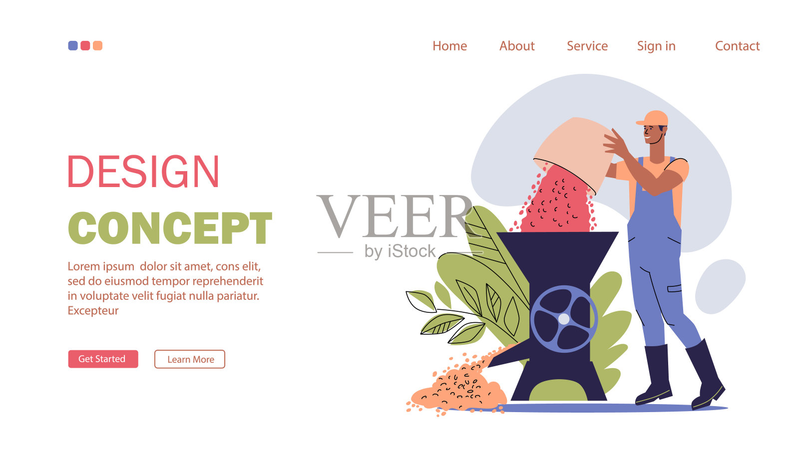 一个关于咖啡生产和种植的网站的登陆页面。一个农民在削皮机上剥咖啡樱桃。这个人把咖啡豆从篮子里倒进咖啡机。插画图片素材