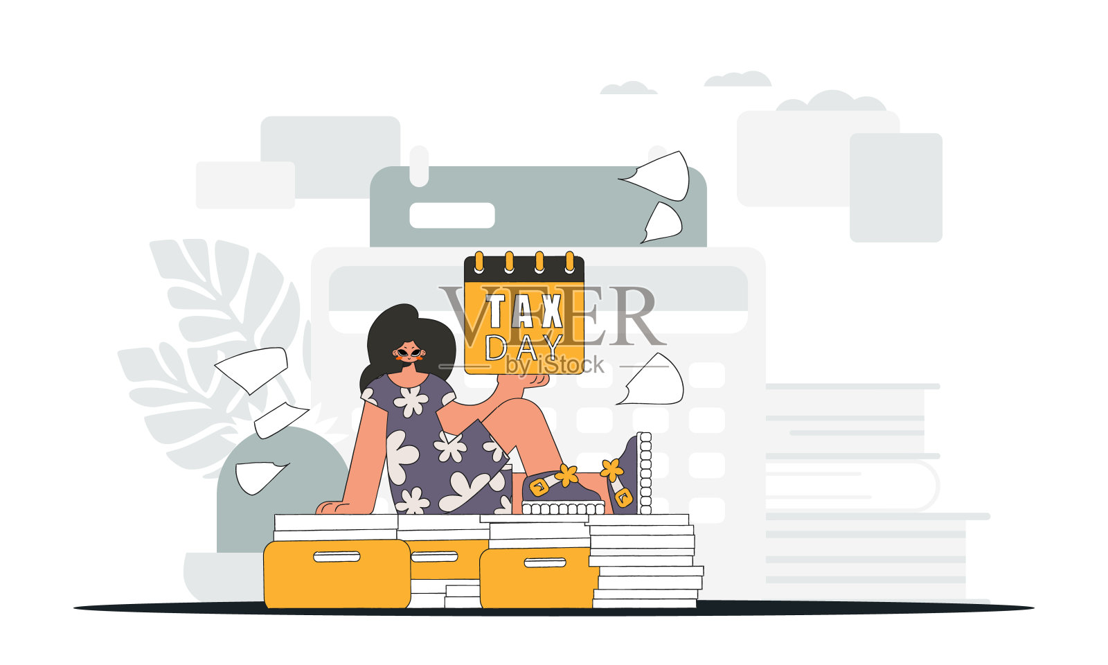 一个优雅的女孩手里拿着一本日历。税收的一天。正确纳税的插图。插画图片素材