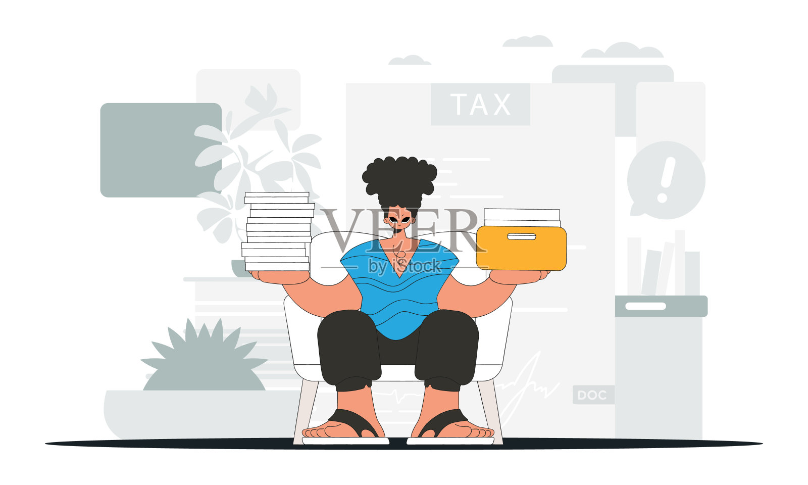 一个穿着讲究的男人手里拿着一堆文件。说明纳税对经济发展重要性的插图。插画图片素材