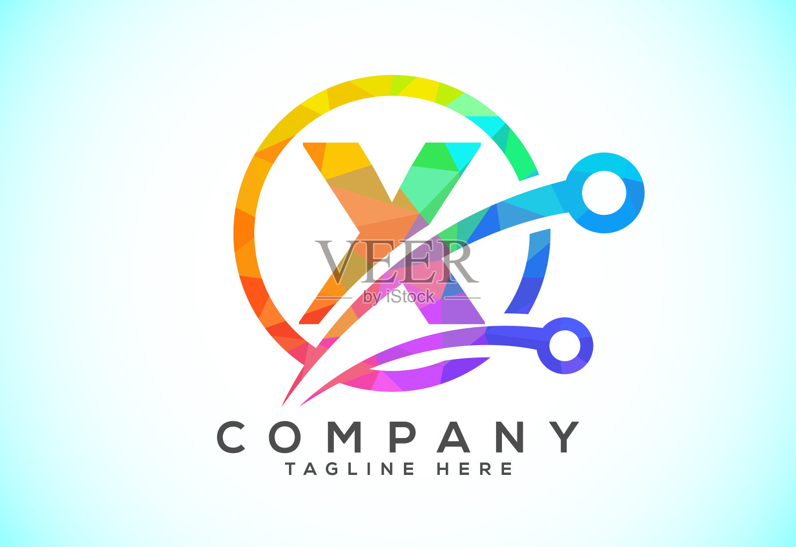 多边形低多边形X字母在一个圈与技术标志符号。科技标志设计理念插画图片素材