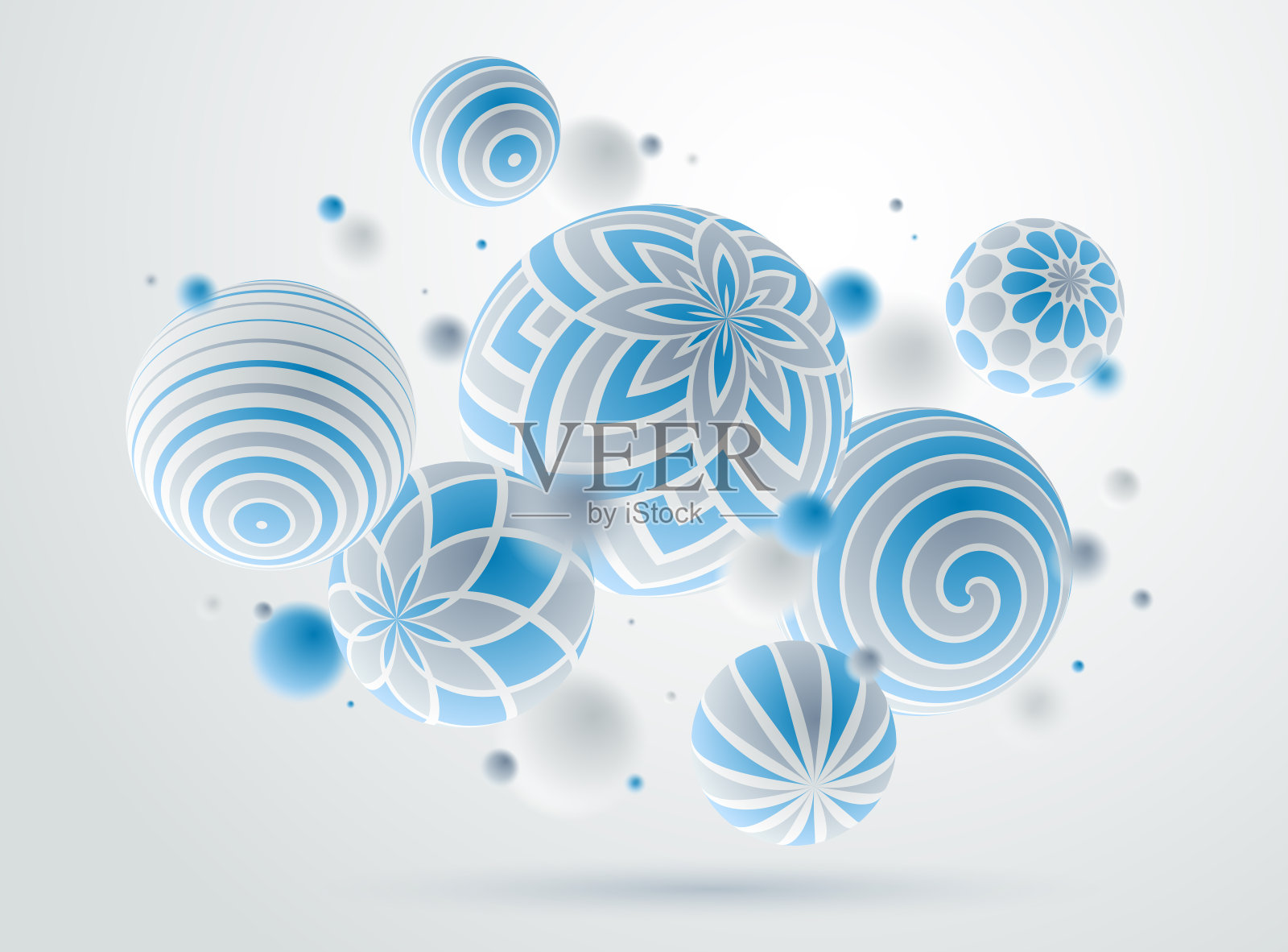 抽象球体矢量背景，组成飞行球装饰图案，三维混合各种现实的球体与饰品，逼真的景深效果。插画图片素材