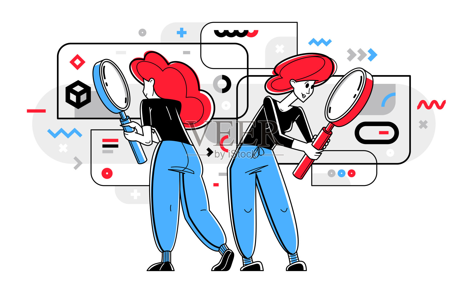 年轻人进行一些调查和收集数据进行分析，矢量轮廓说明，探索和研究商业或科学，自我教育。插画图片素材