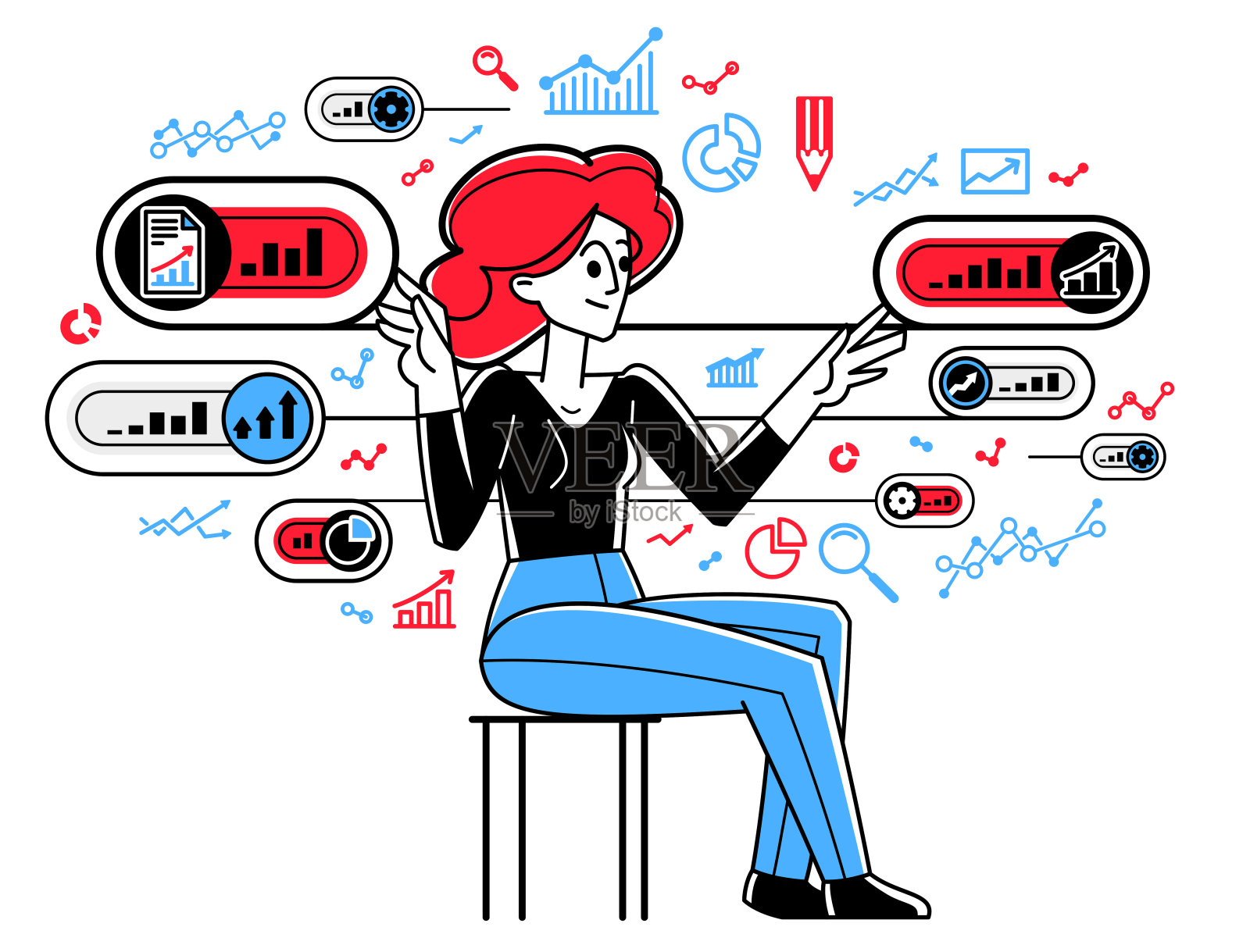 Worker分析一些数据和系统化信息，矢量轮廓说明，抽象大数据分析，自动化插画图片素材