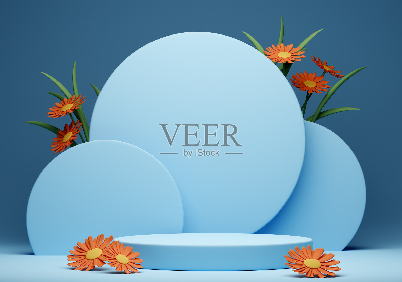 三维春天的背景与鲜花和讲台照片摄影图片