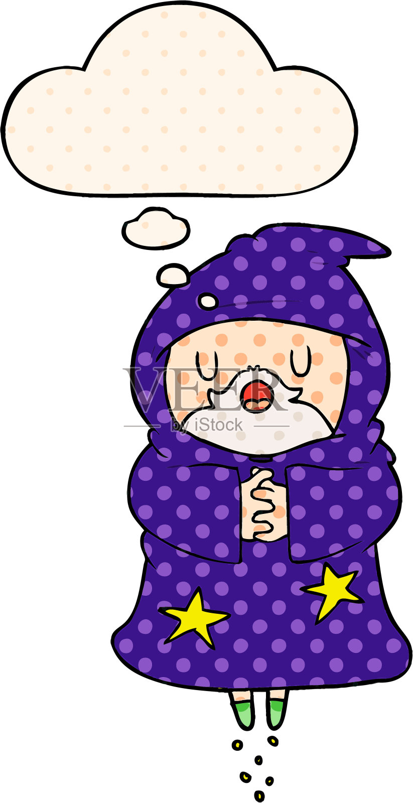 卡通漂浮的巫师与思想泡泡在漫画书的风格插画图片素材