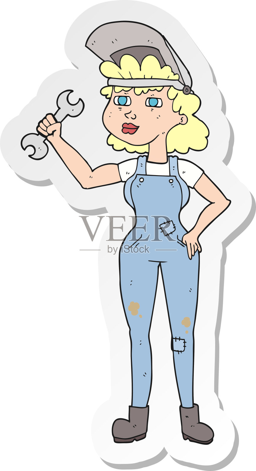 拿着扳手的卡通女人贴纸设计元素图片