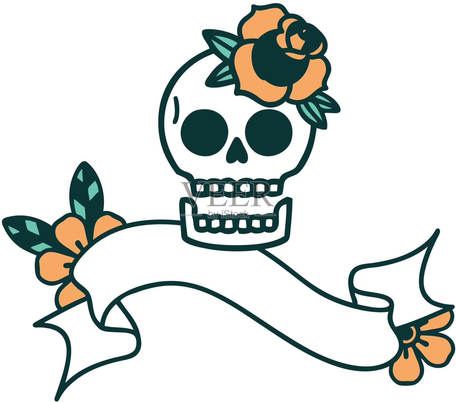 传统的纹身与旗帜的头骨和玫瑰插画图片素材