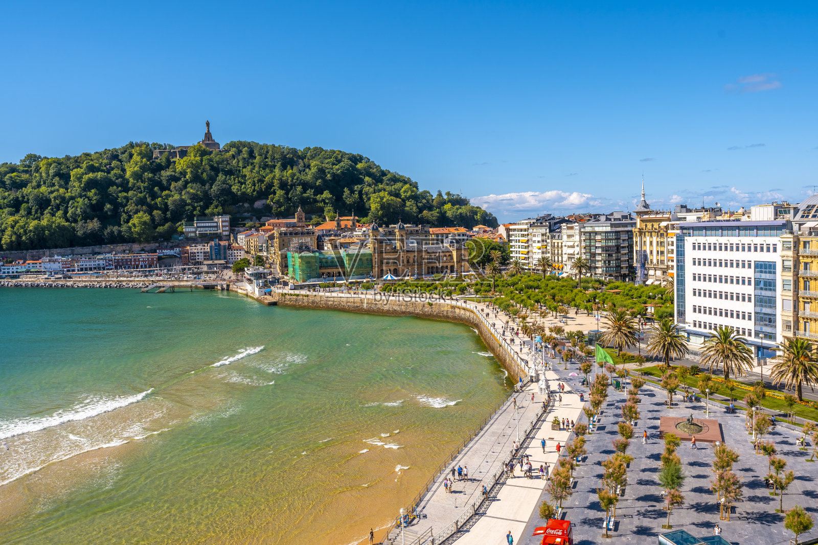 西班牙圣塞巴斯蒂安拉孔查海滩的夏季鸟瞰图照片摄影图片