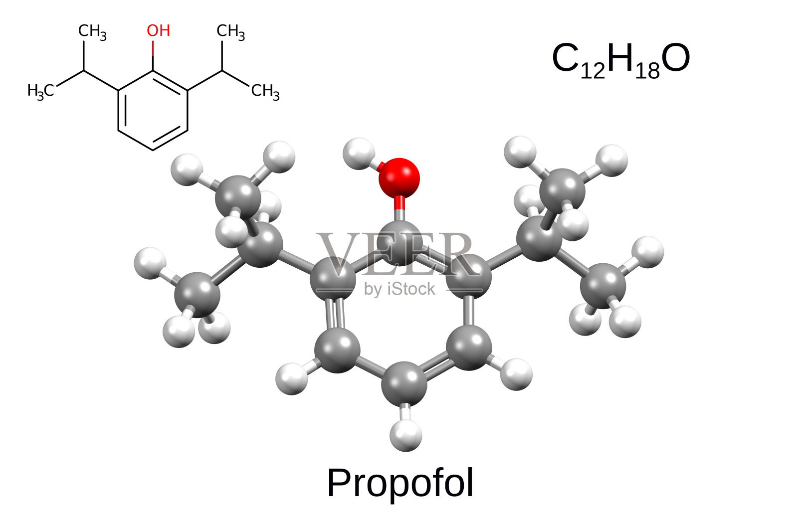 异丙酚的化学分子式、骨架分子式和三维球棒模型照片摄影图片