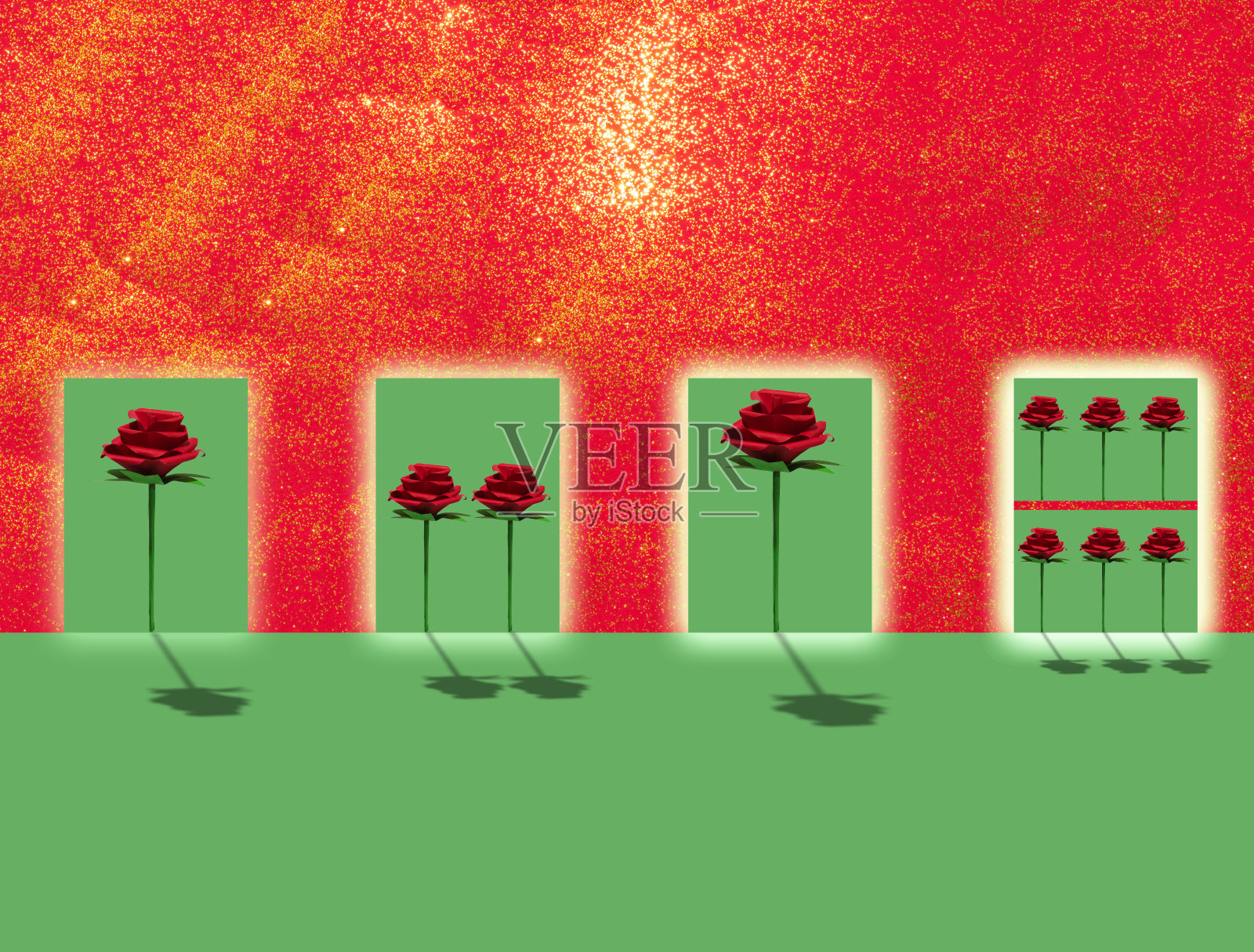 红绿色背景与发光门与玫瑰在它，创造性的节日艺术设计照片摄影图片