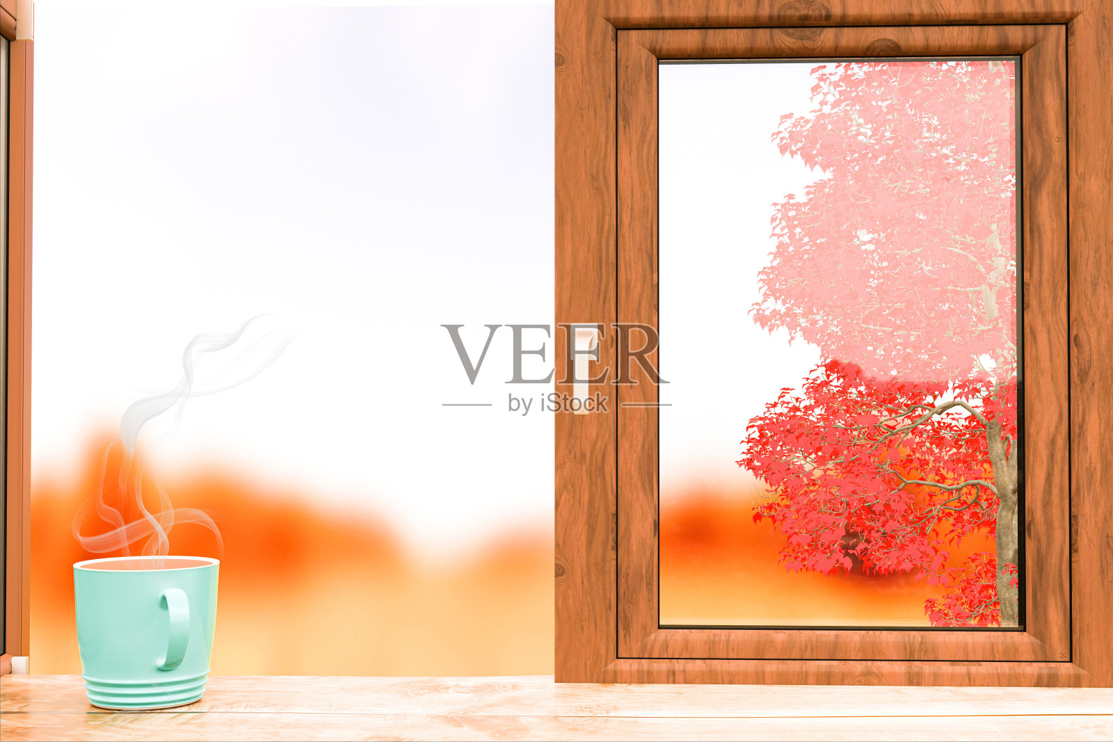 夏天，一杯咖啡在开着的窗户上，背景模糊。照片摄影图片