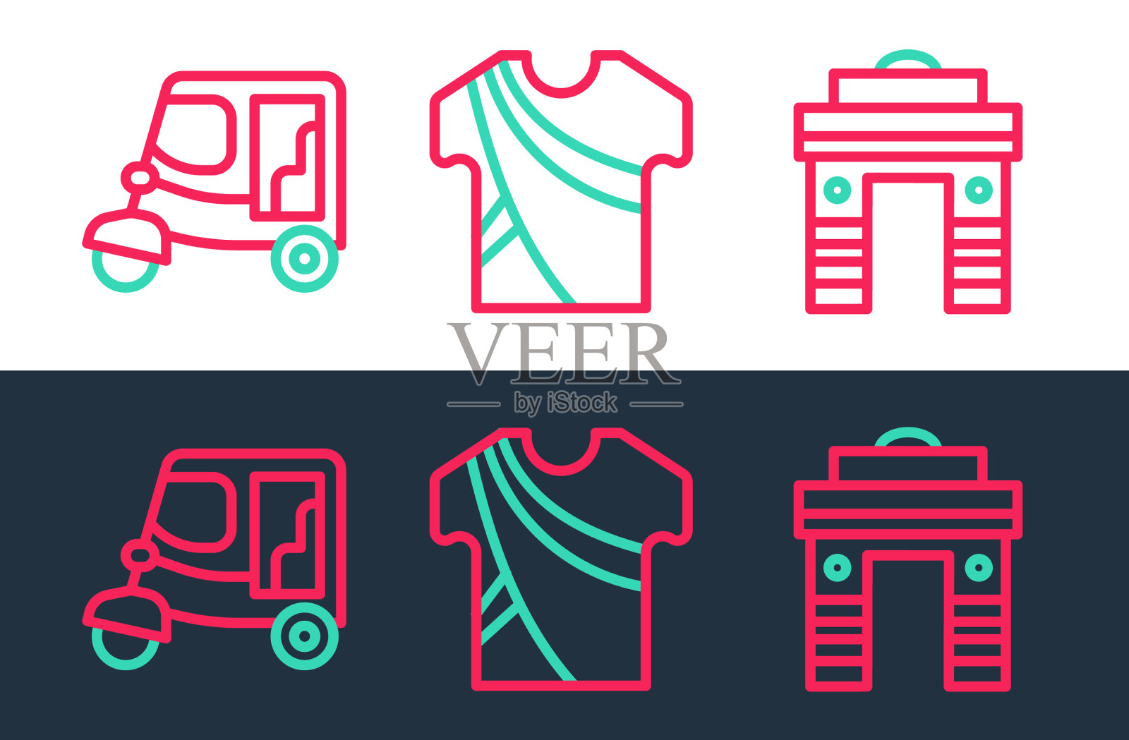 在德里的出租车嘟嘟车和印度门设置线图标素材