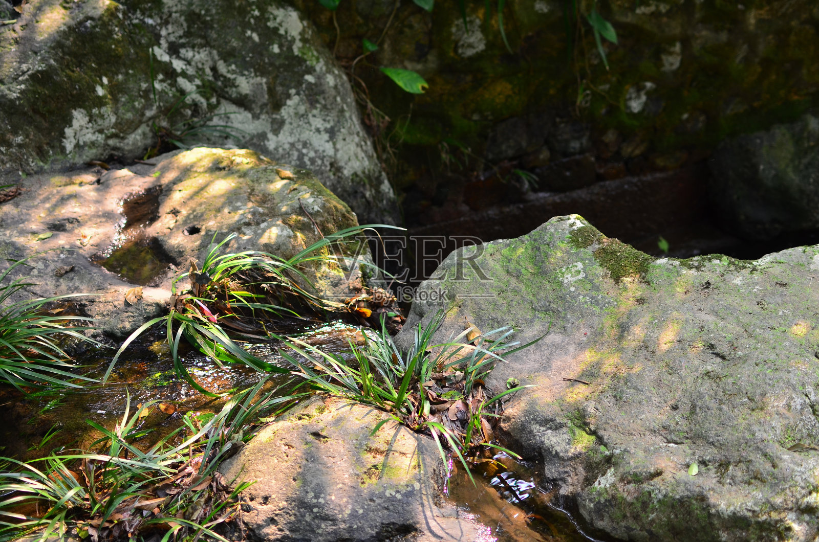 清水流过溪水中的卵石的特写照片摄影图片