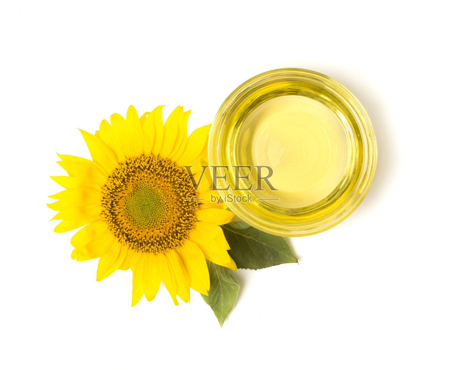 向日葵油和花孤立在白色，俯视图照片摄影图片