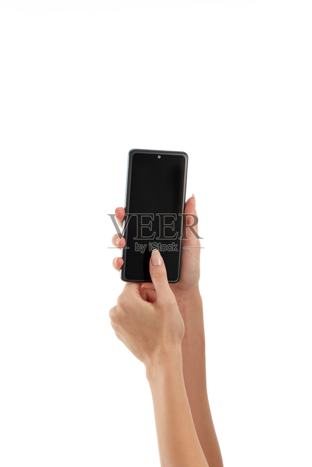 女性在白色背景下使用手机照片摄影图片