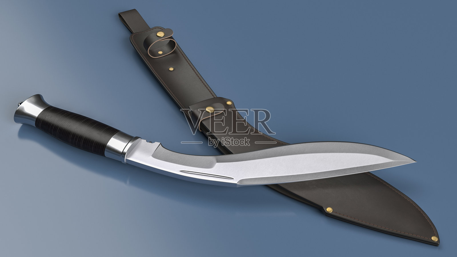 刀和皮鞘躺在灰色的平面上。三维渲染照片摄影图片