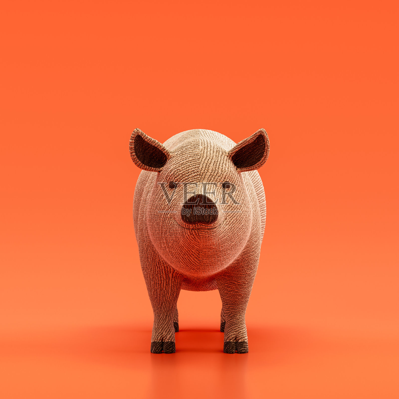 猪娃娃，布制毛绒玩具，单动物正面视图，手工动物，3d渲染照片摄影图片