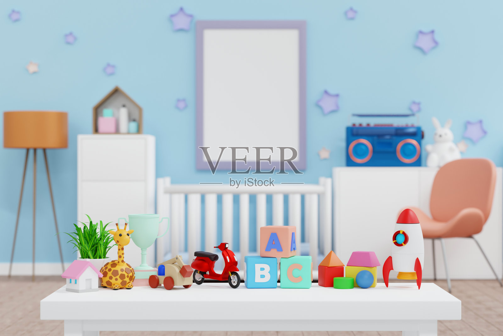 空框架模型在婴儿儿童房与娃娃和玩具，托儿所儿童房，3D渲染。照片摄影图片