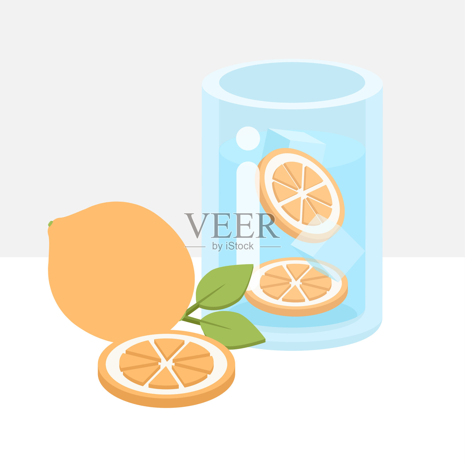 新鲜柠檬水，柠檬片和整片带叶子的柠檬。切片放入加冰块的罐子中。夏日异域鲜酸排毒饮品。插画图片素材