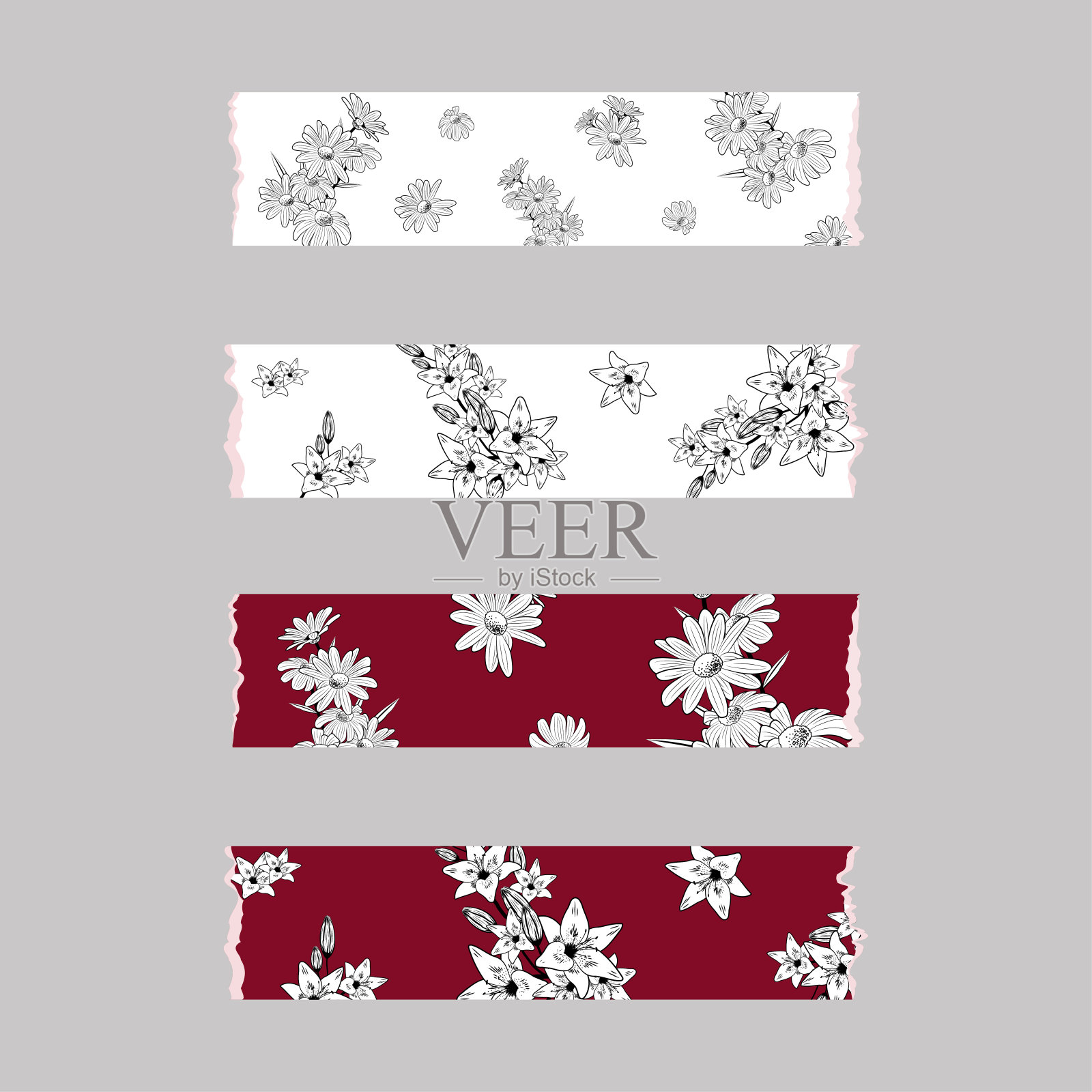 有雏菊和百合的破丝带贴纸插画图片素材