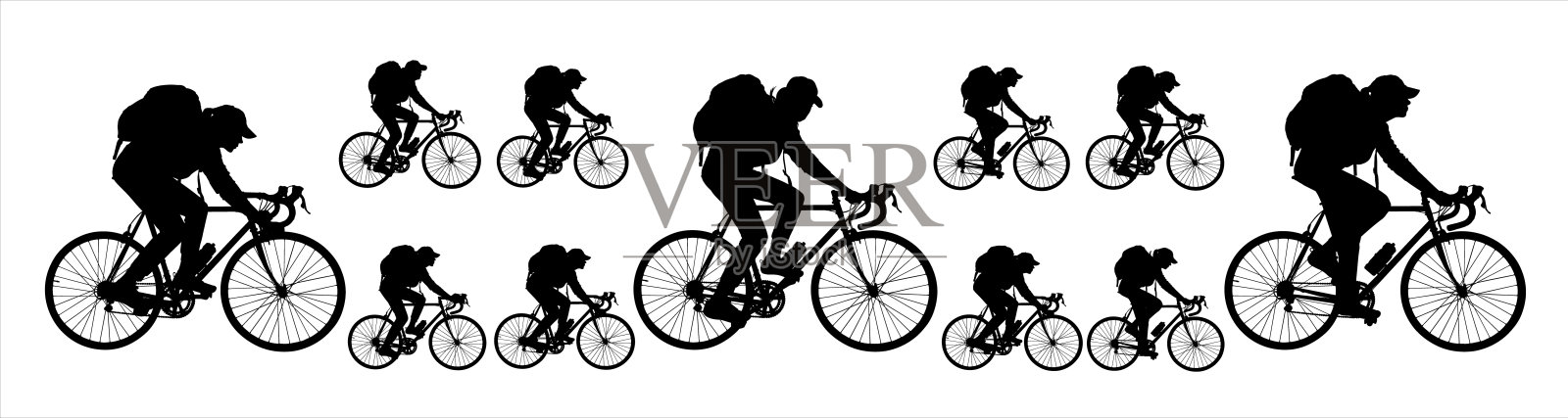 一大组剪影。戴着帽子，骑着自行车，背着大背包的女孩。一个戴帽子的女人骑自行车。一群骑自行车的人运动。比赛。侧视图。白色背景上的黑色剪影设计元素图片