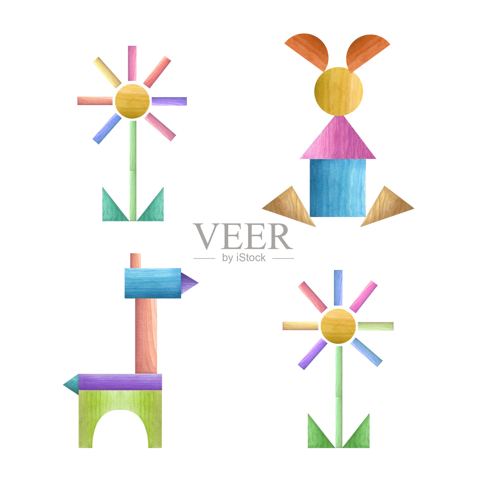 一套水彩七巧板几何拼图孤立在白色背景。环保材料婴儿玩具。印刷，海报，装饰，壁纸，包装。插画图片素材