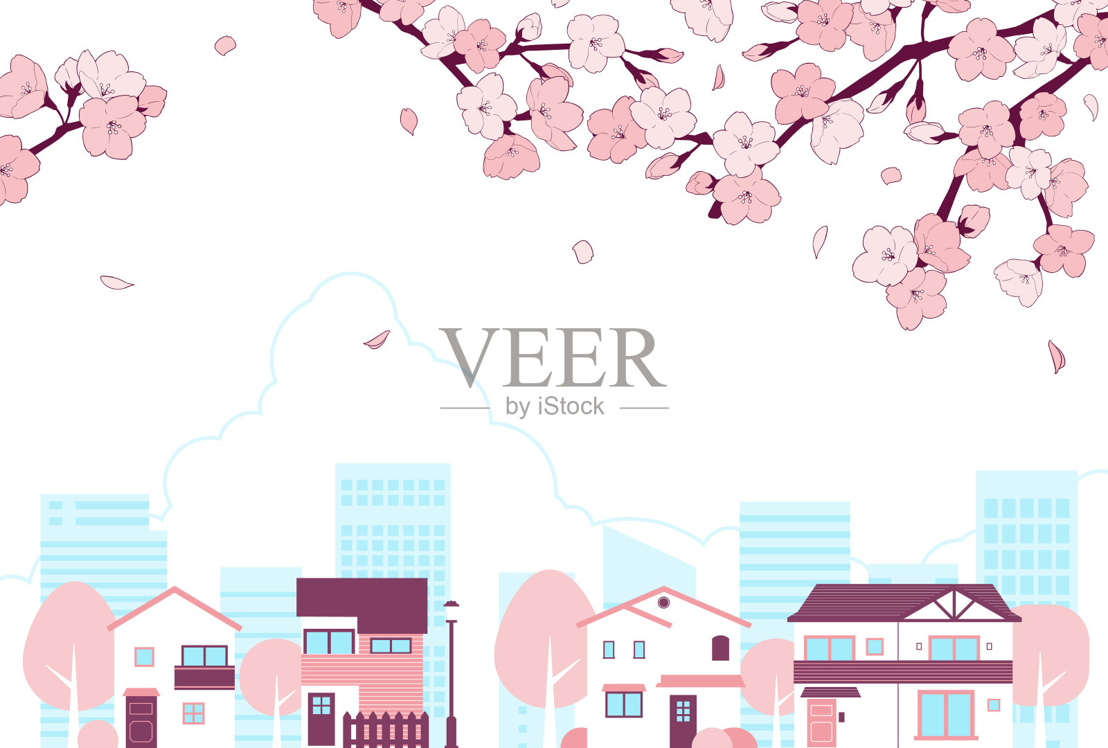 樱花盛开的春天小镇的插图插画图片素材