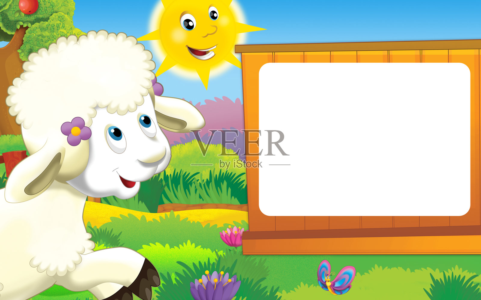 卡通场景与生活在牧场与不同的农场动物插图的孩子插画图片素材