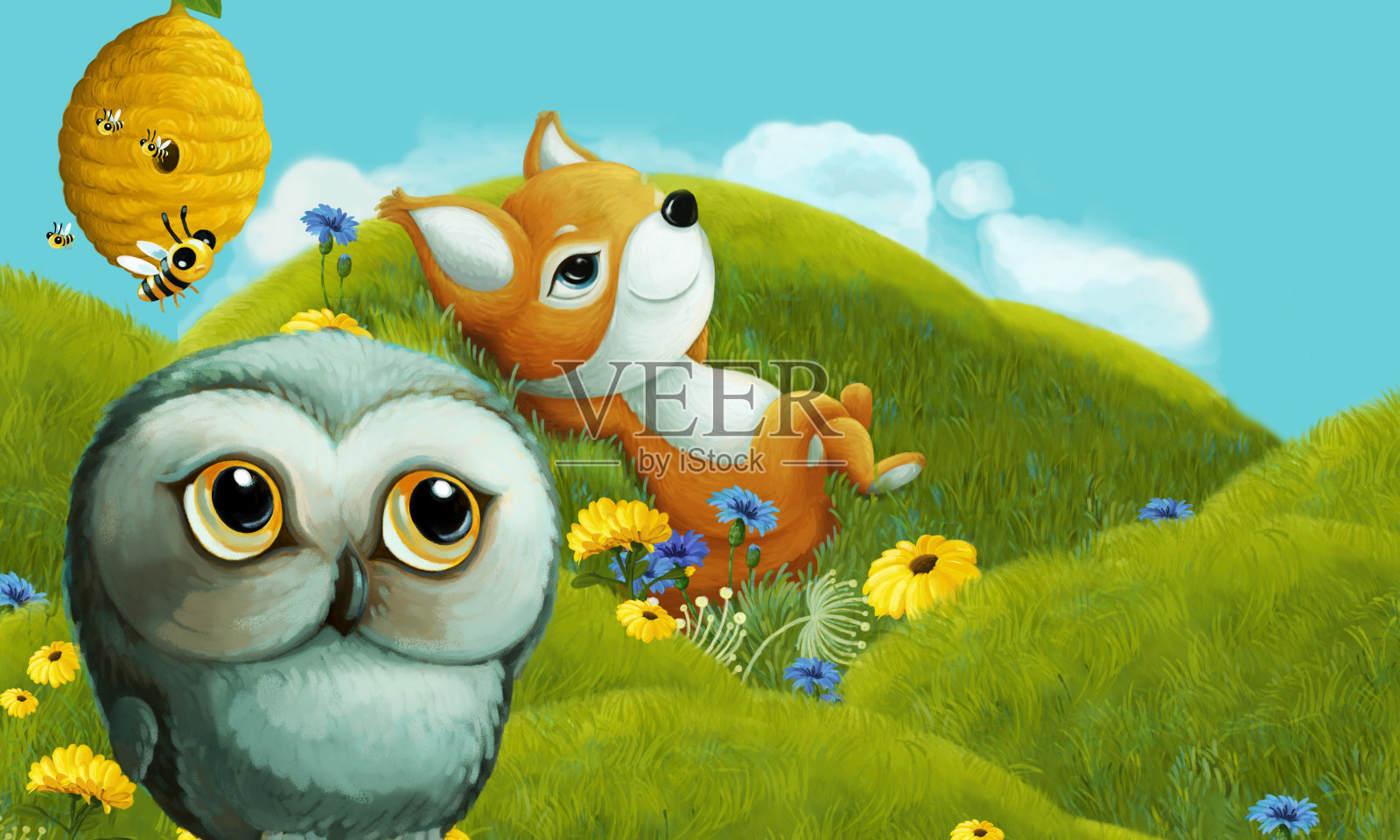 欢乐的卡通场景不同的森林动物朋友在夏天在森林插图的孩子插画图片素材