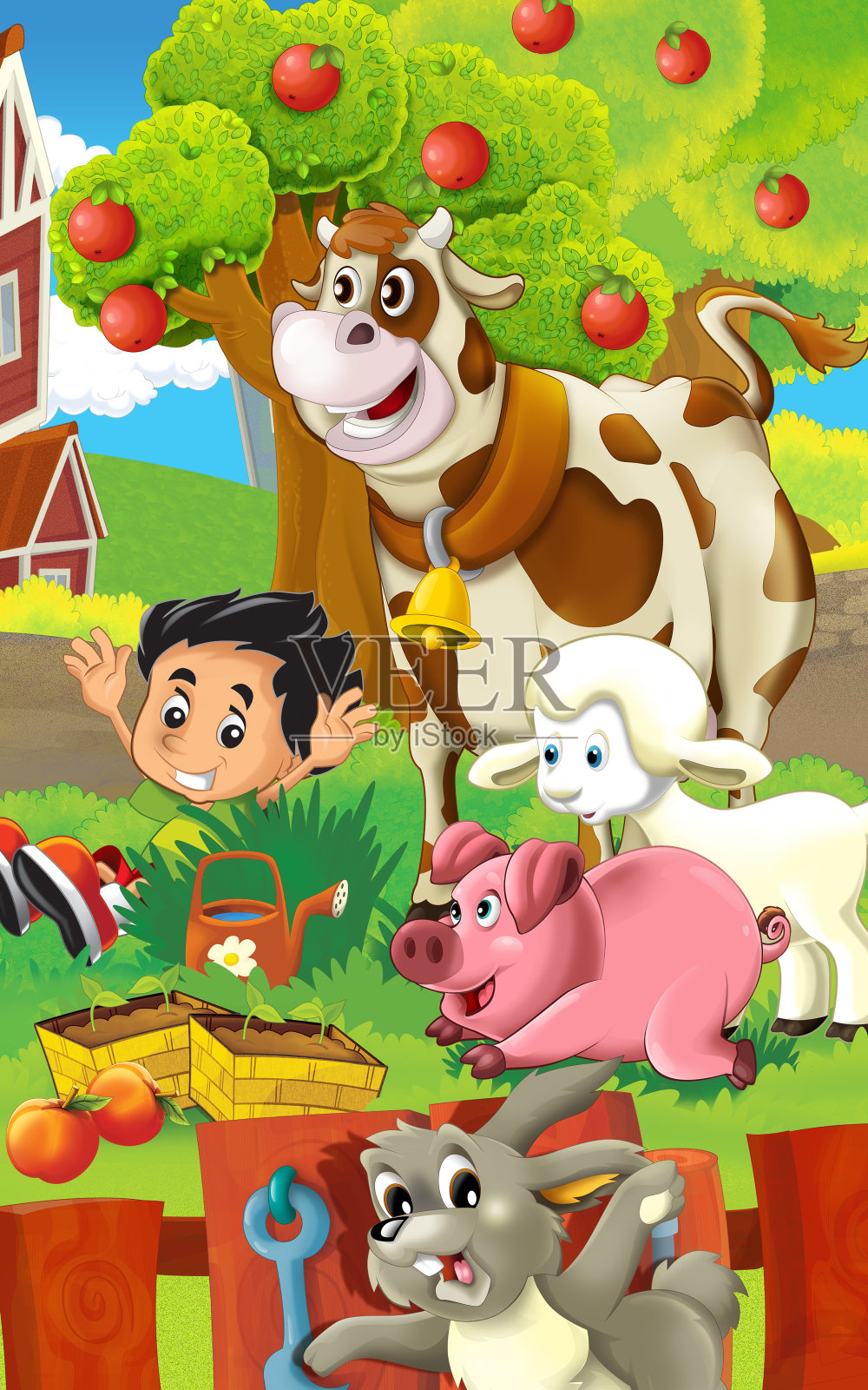 卡通快乐农场场景-农场男子快乐的白色背景-儿童插图设计模板素材