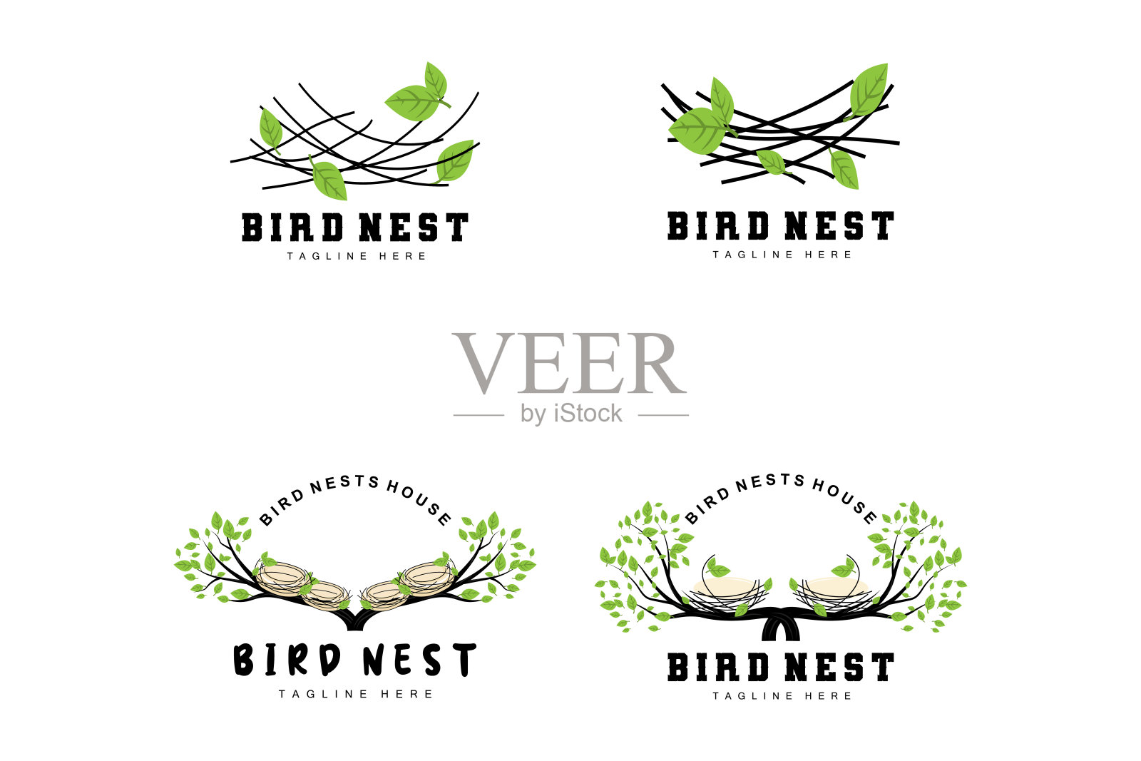 鸟巢标志设计，鸟屋矢量蛋，鸟树标志插图插画图片素材