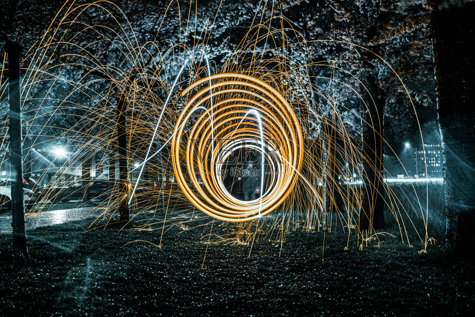 闪闪发光的烟花在城市公园和盛开的樱花大道照片摄影图片