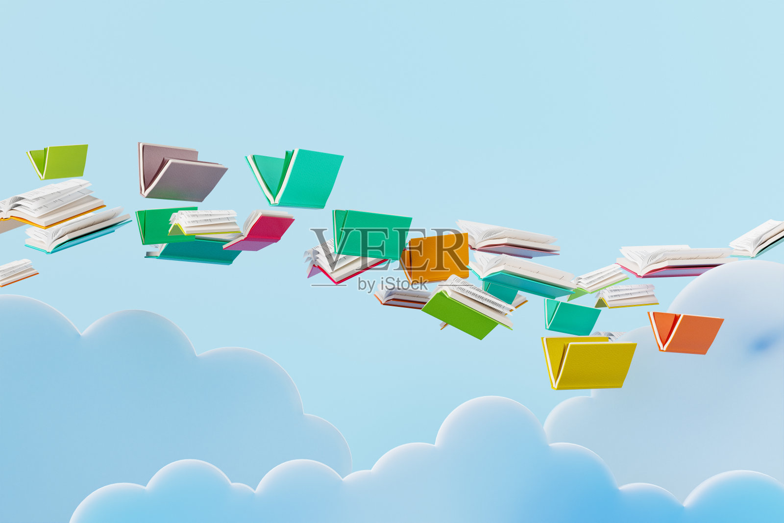 彩色书籍在蓝天中飞行的3D渲染照片摄影图片