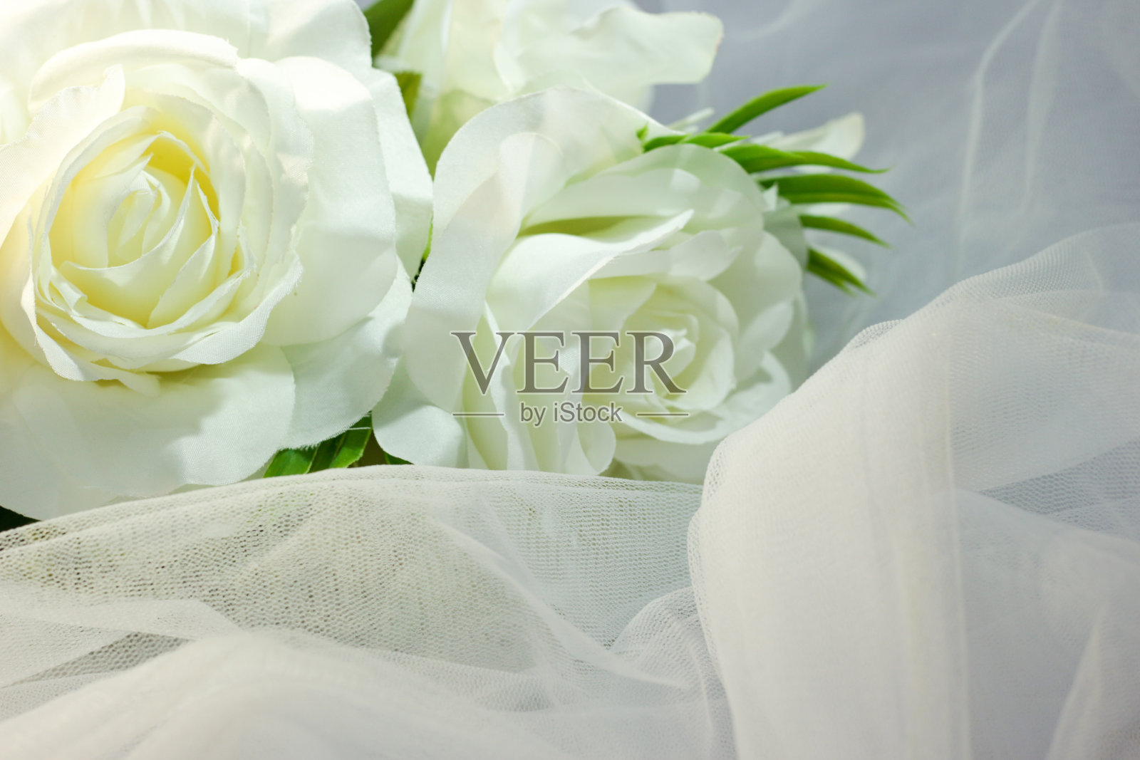 假白玫瑰花束，薄纱桌上，玫瑰织物纹理，人造玫瑰花束，浪漫，情人节，婚礼花。副本的空间。照片摄影图片