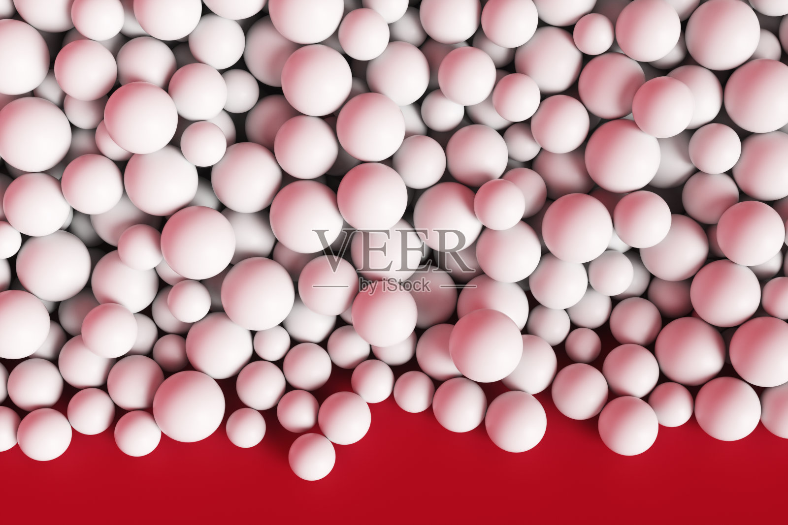 红墙旁的一大堆抽象的白色球体。背景3d渲染插图。照片摄影图片