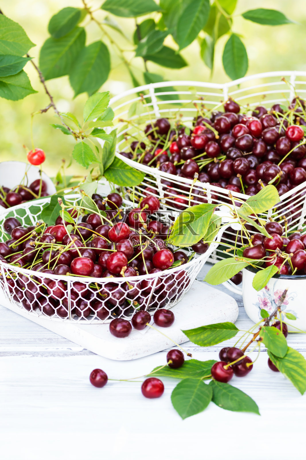 鲜嫩多汁的红樱桃装在白色金属容器里，红色樱桃放在花园里的白色木桌上照片摄影图片