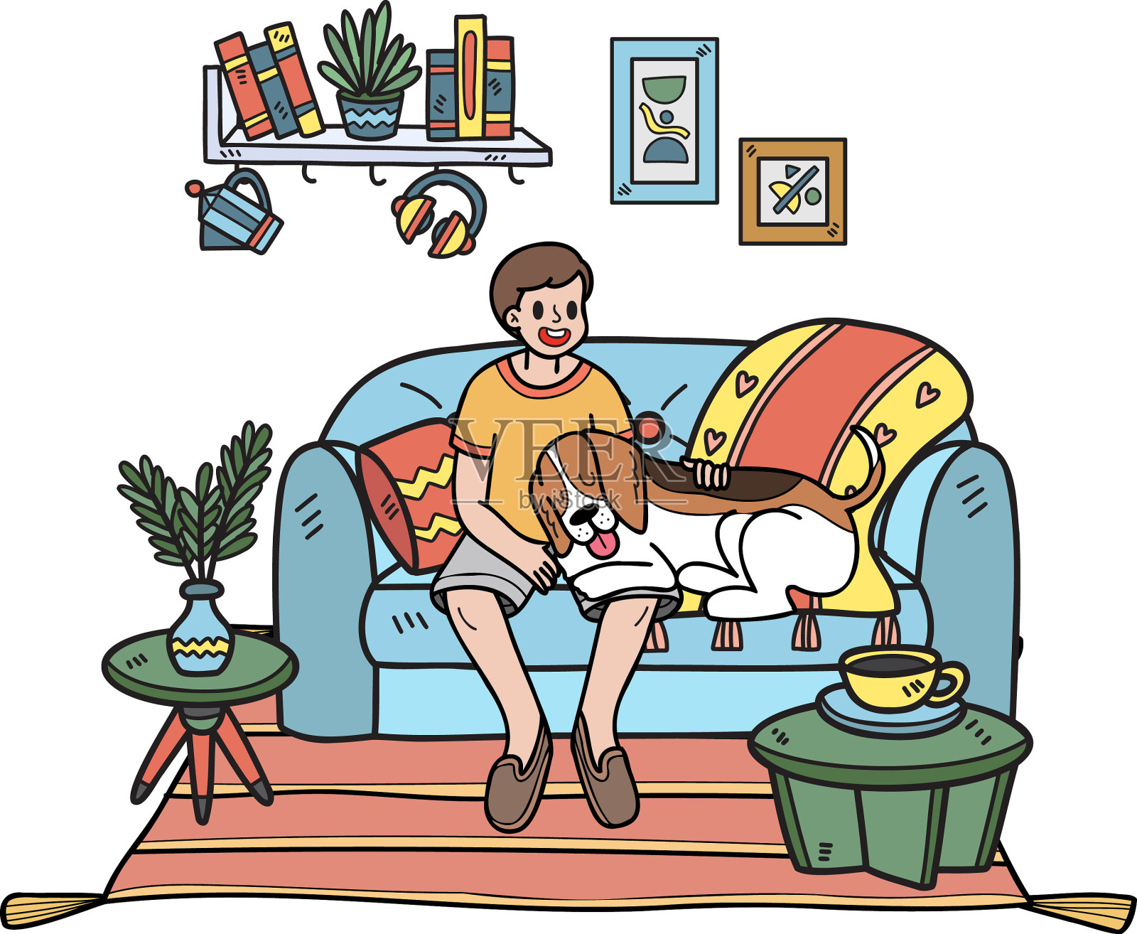 手绘的主人和狗在房间里睡觉设计元素图片