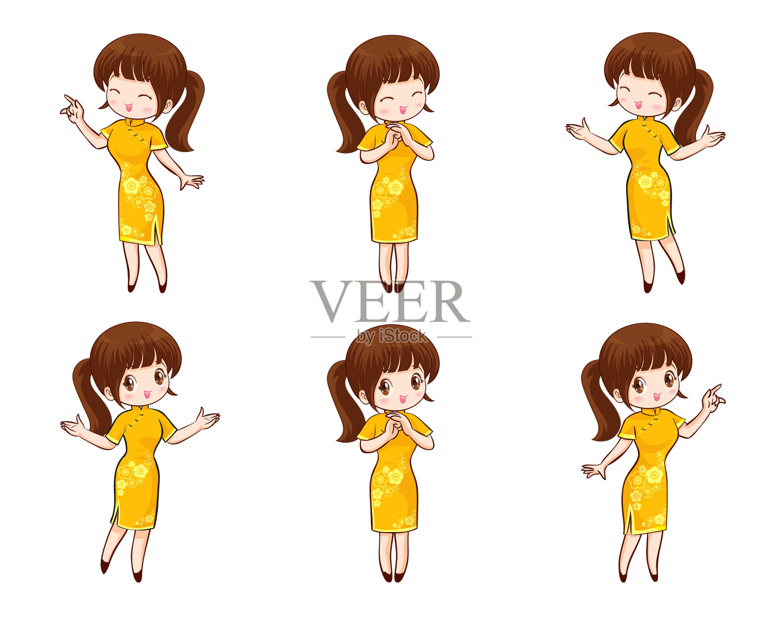 漂亮的中国女孩，穿着国语长袍和中文插画图片素材