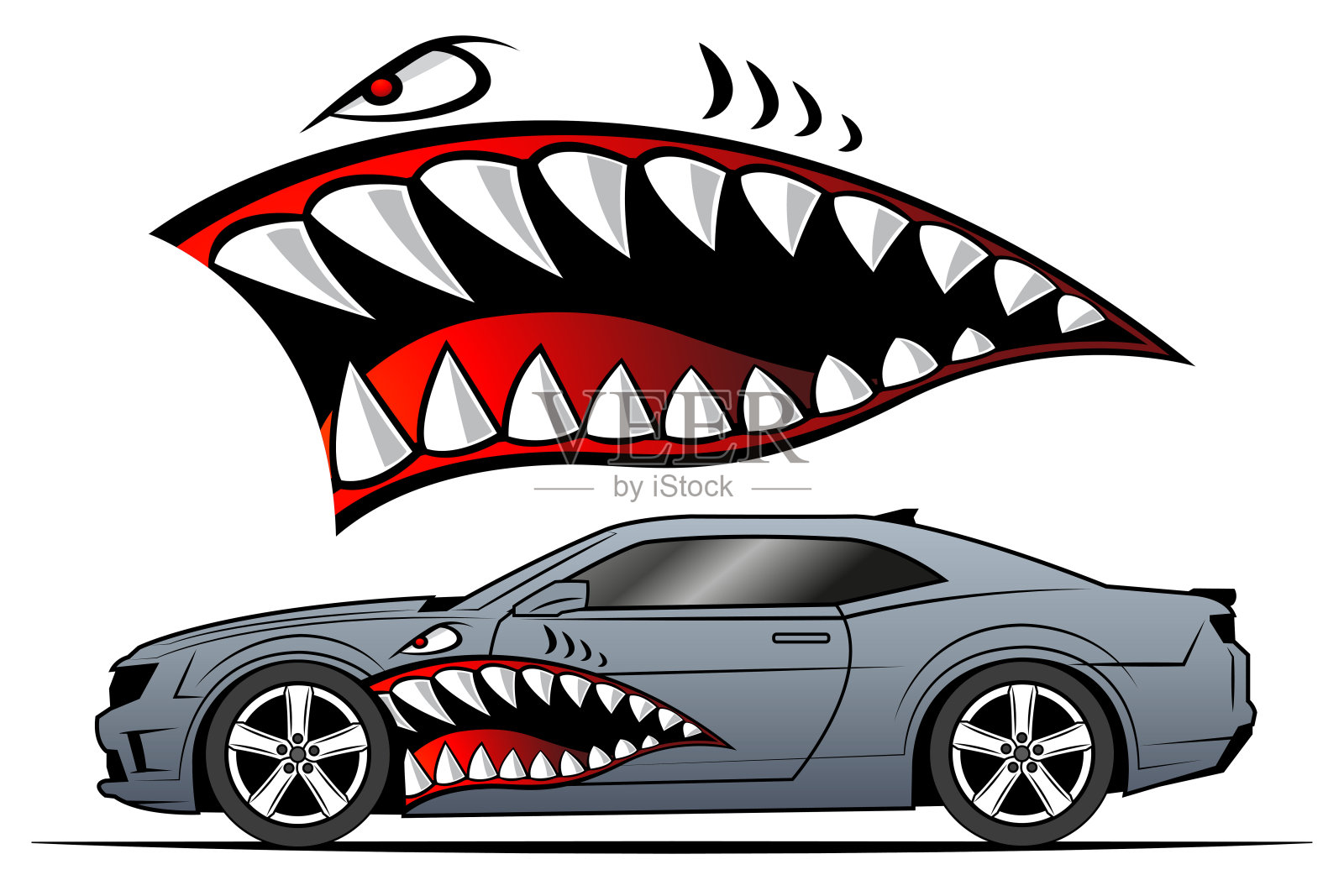 飞虎队鲨鱼下巴汽车贴花愤怒的鲨鱼牙齿赛车贴纸车辆装饰eps矢量图像插画图片素材