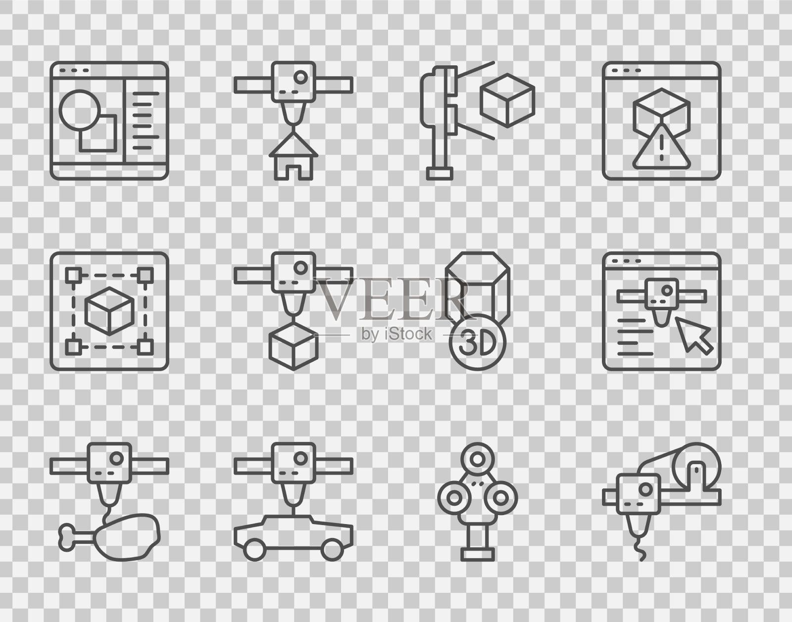 设置直线3d打印机鸡腿扫描仪与立方体图标素材