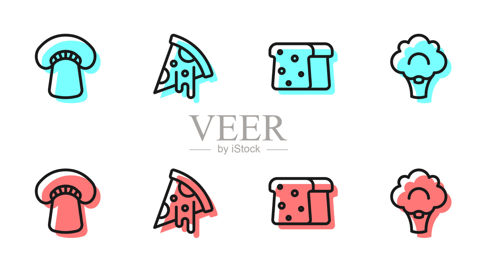 套线面包，吐司，蘑菇，披萨和插画图片素材